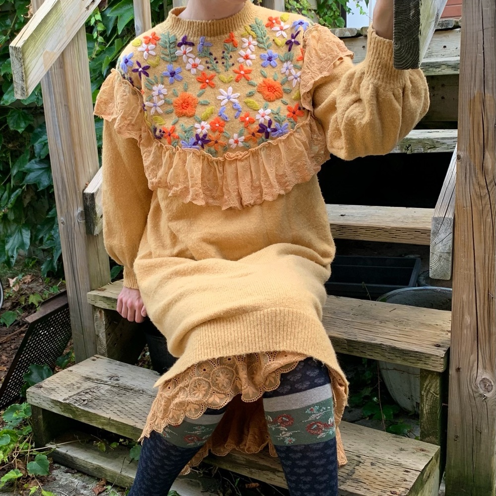 Yellow floral embroidered sweater dress with lace